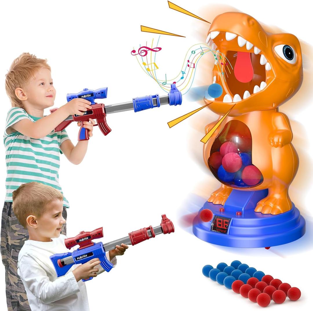 Movable Dinosaur Shooting Toys for Kids 5-7 with 2 Air Pump Gun, Target Shooting Games with LED Score Record, Light & Sound, 24 Foam Balls Competition Game Gift for Boys and Girls 3-5+ Years (Orange)