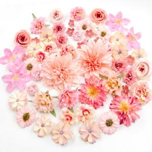 58 Pcs Fake Flowers Heads, Pink Artificial Flowers Bulk Fabric Flowers for Craft, Small Faux Flower Heads Mix for DIY Wedding Bouquets Garland Album Cake Hair and Home Decorations