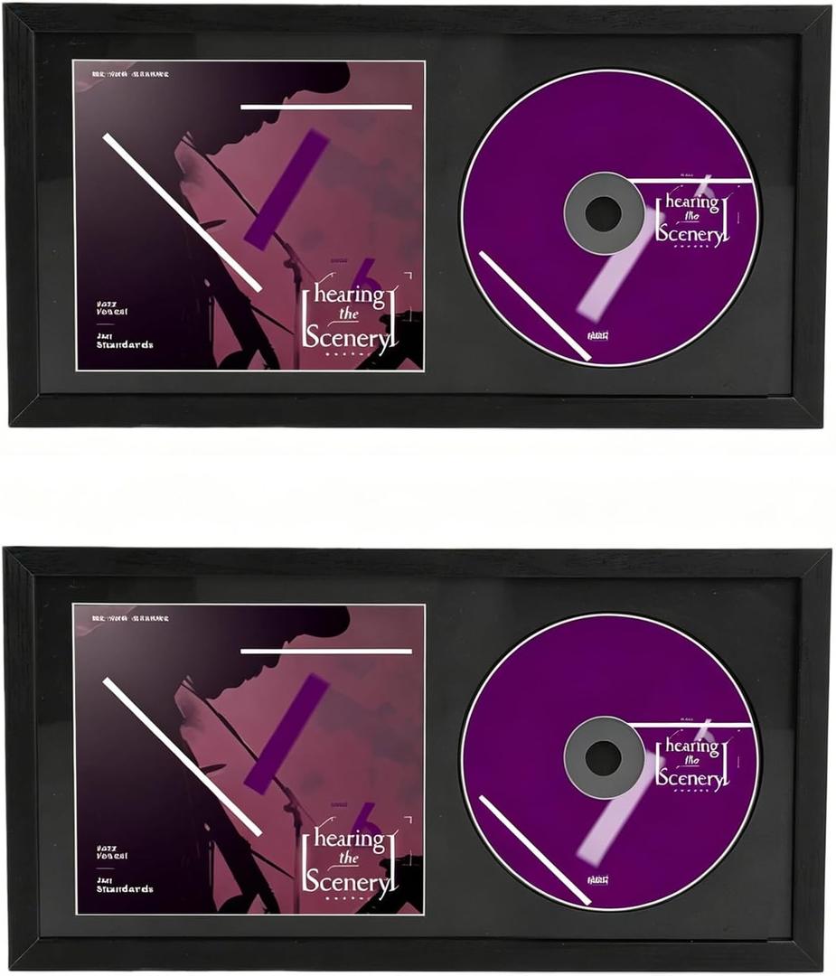 2 Pcs CD Display Frame, Black Signed CD Display Case (13" x 6.7") | CD Frame for Disc and Box, Double Groove Record Album Case, Signed Music Decor, Wall and Tabletop