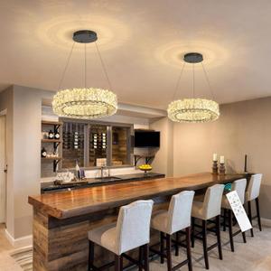 Modern Chandelier for Dining Room Dimmable LED Pendant Lights for Kitchen Island Lighting Black Ring Crystal Chandeliers for Bedroom Entrance Living Room, Ring 12"