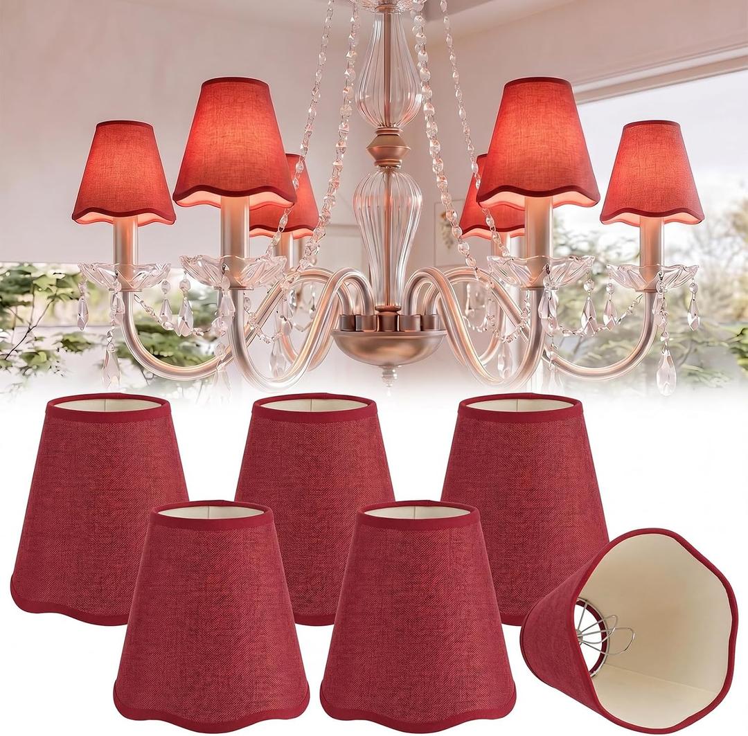 6 Pack Red Small Chandelier Shade Scalloped Mini Clip on Lamp Shade for Chandelier 3 x 6 x 6 Inch Linen Fabric Lampshade Lamp Replacement Cover for Wall Sconces Pendant Lighting