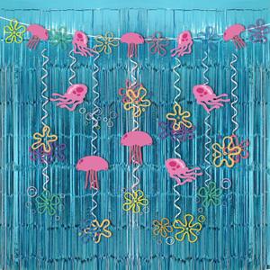 Yellow Cartoon Party Decorations with Fringe Curtains Jellyfish Flowers Party Banner Backdrop Supplies Under the Sea Hanging Swirls Party Decor for Kids Baby Shower Ocean Theme Photo Props Background