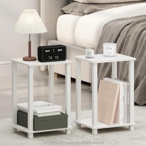 Furinno Simplistic Night Stand Set of 2, 2-Tier Small Nightstand with Open Shelf, Toolless Bedside Table, End Table, Side Table, for Bedroom, Closet, Dorm, White