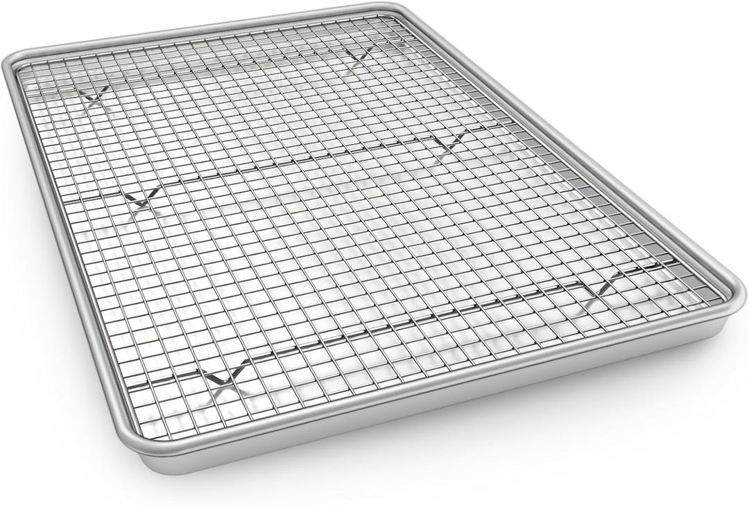 Half Sheet Pans with Rack Set, 18 Inch Commercial Quality Baking Sheet Pan Set, Natural Aluminum Cookie Sheet, Warp Resistant Nonstick Thick Cookie Tray Pans for Baking, Roasting