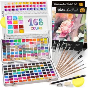 Nicpro 168 Colors Watercolor Paint Set include Metallic Macaron Candy Fluorescent, 8 Synthetic Squirrel Painting Brushes, 25 Water Color Paper, Palette, Art Supplies Kit for Artist Adult Beginner with Box