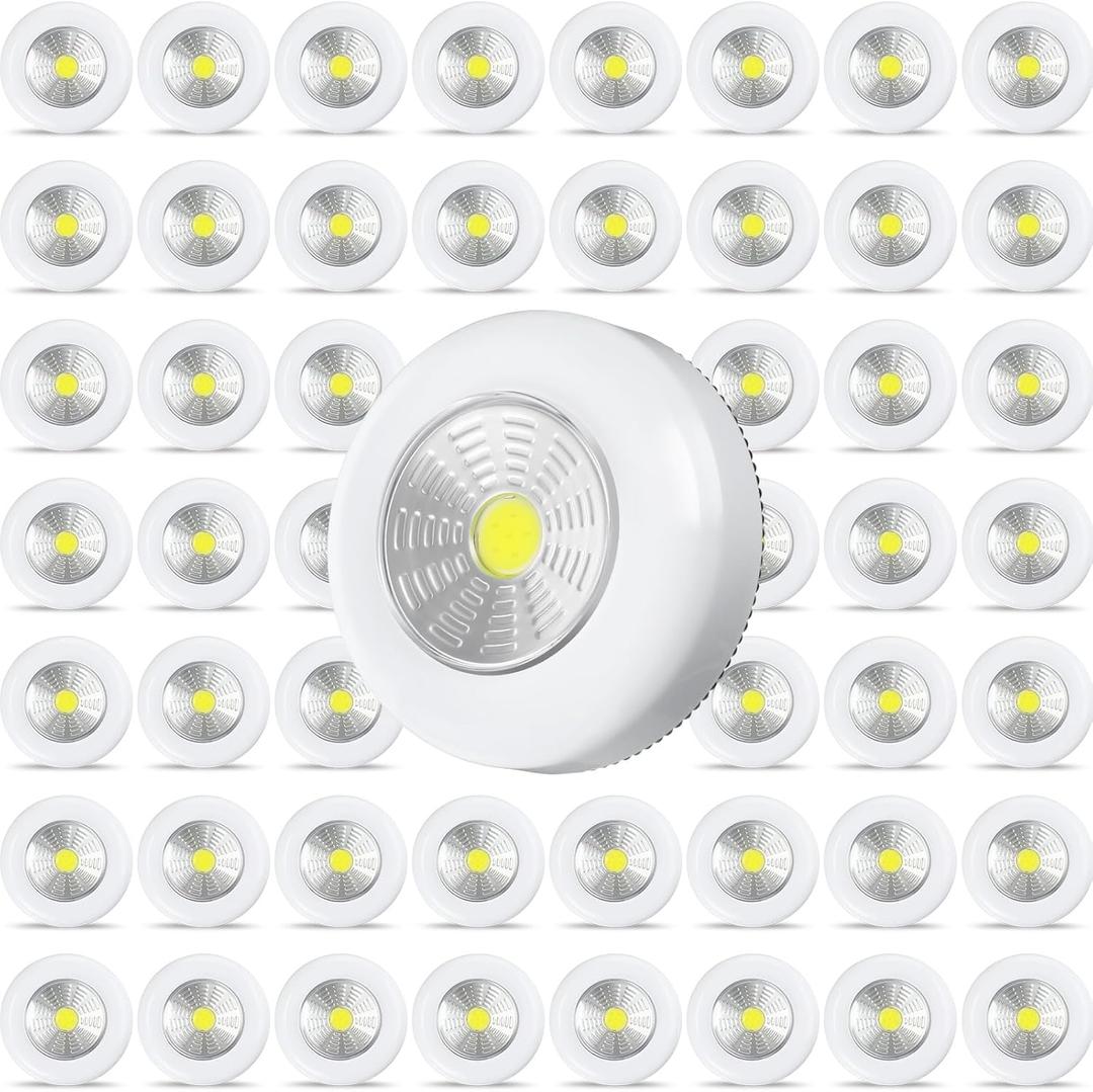 Macarrie 50 Pcs Push Tap Light 2.68" Mini Night Touch LED Puck Lamp Wireless Portable Under Cabinet 60 Lumens Battery Operated Stick on Lights for Counter Wall Closet Kitchen (White)