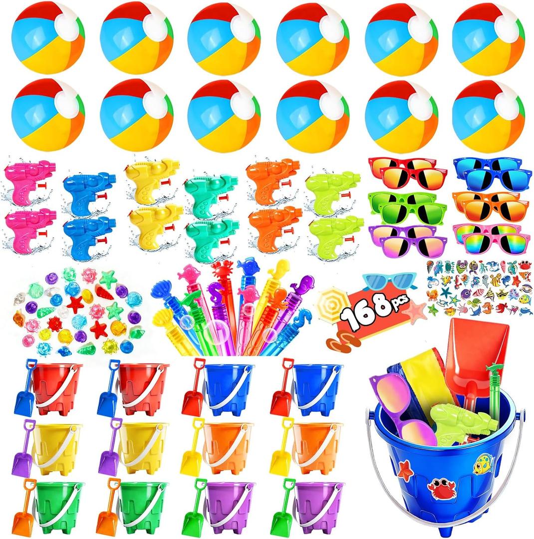 Pool Party Favors and Beach Party Favors 168pcs Summer Pool Toys for Party,Kids Ages 4-8 8-12, Including 12 Castle Mold Buckets, 12 Shovels,Beach Balls, Sunglasses, Bubble Wands