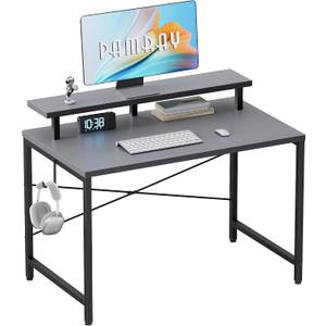 Pamray 32 Inch Small Computer Desk with Monitor Stand, Simple Office Desk with Headphone Hook for Small Spaces, Kids Study Writing Table for Bedroom, Grey