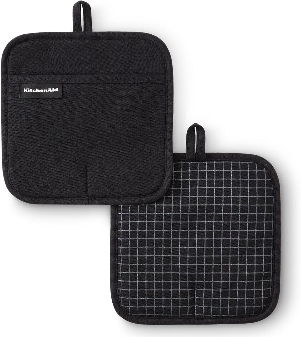 KITCHENAID Gourmet Series Gridlines Pot Holders 2-Pack Set, Heat Resistant up to 600F, Soft Silicone Grip, Magnetic Cuff, Matte Black, 8"x8"