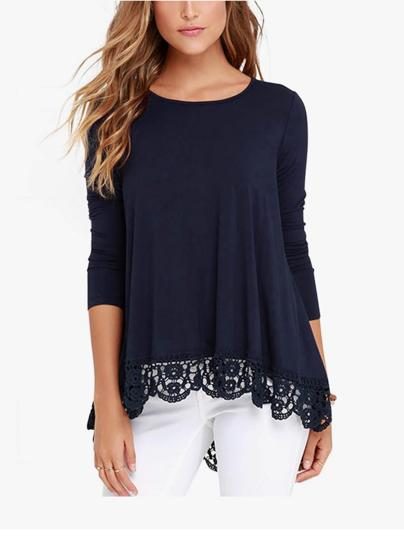 QIXING Women Tops Lace Trim O Neck A Line Tunic Blouse S