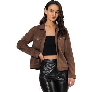 Allegra K Women's Turn-Down Collar Flap Pockets Snap Button Faux Suede Jacket (Large, Brown)