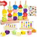 Appoft Montessori Wooden Beads Mastery Kit: Fine Motor Skills Builder for Toddlers 2-5 Stacking Blocks Lacing Beads Travel Learning Toys STEM Gifts for 2 3 4 5 Year Old Boys Girls Toys for Ages 2-4 (Fruit)