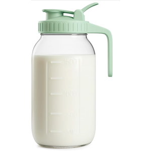 | 1 Pack | 64oz Glass Pitcher with Lid and Spout, 2 Quart (1.9 Liter) Mason Jar Pitcher Wide Mouth, Airtight Water Jug for Juice, Sun Tea, Iced Coffee, Milk Storage, Green