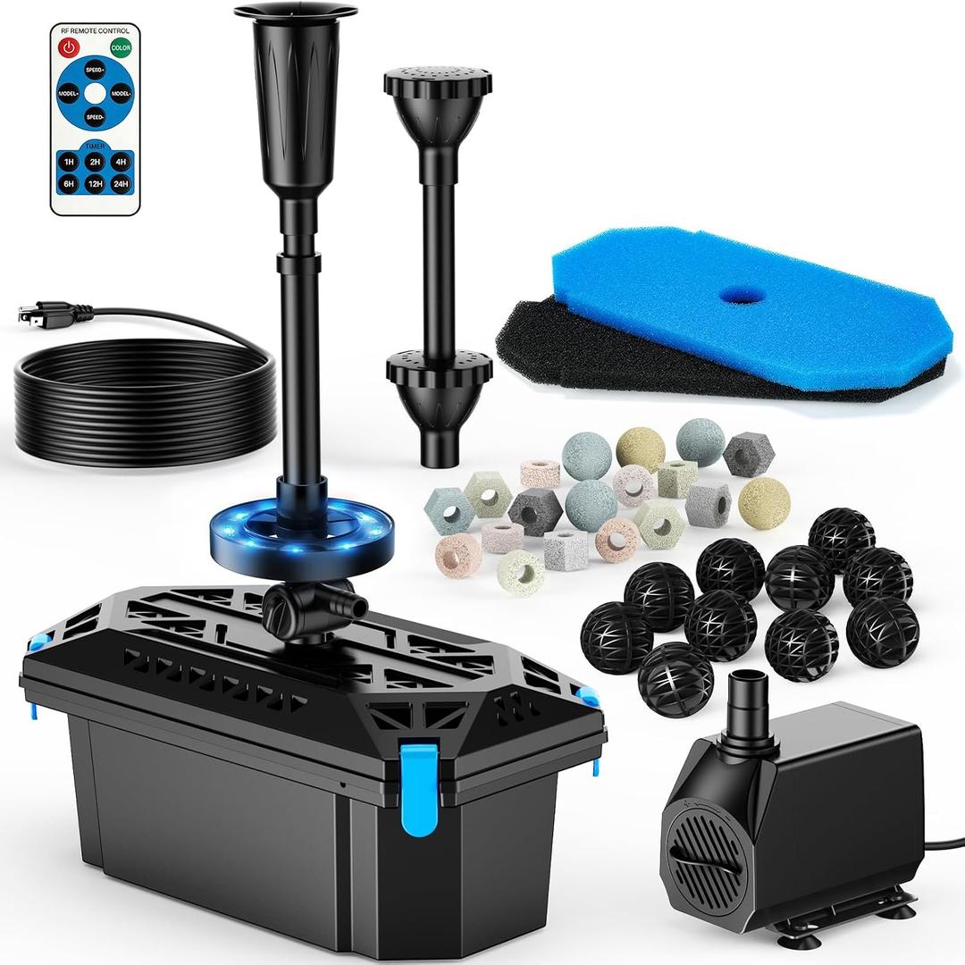 POPOSOAP Pond Filter with Fountain Kits, 660GPH Pond Pump Filter Built-in RGB LED Lights with Remote Controller, Pond Filters for Outdoor Ponds Clean, Clear and Water Features P2326D