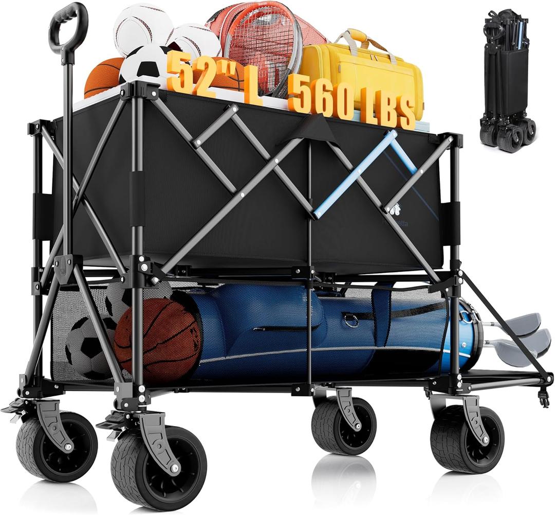Homebetta 52" Heavy Duty Double-Layer Wagon with Brakes,560LBS Double Decker Wagon,650L Collapsible Wagons Carts with All-Terrain Big Wheels for Sports,Camping,Fishing,Transport