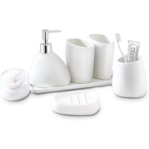 Ceramic Bathroom Accessory Set, 7 Pieces Countertop Accessories, Include Soap Dispenser, Toothbrush Holder, 2 Tumbler Cup, Soap Dish, Plastic Vanity Tray, Qtip Holder (White)