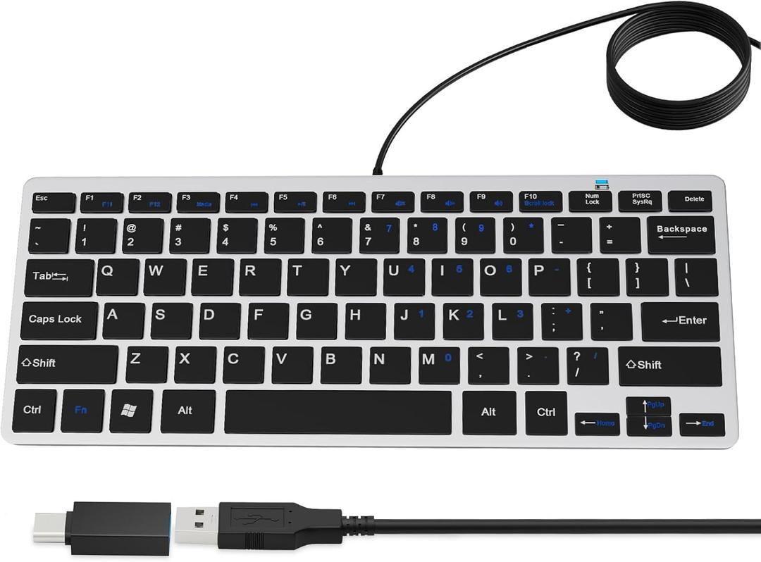 Ultra-Slim 78keys USB Mini Wired Keyboard with Media Hotkeys for Apple Mac Pro, MacBook 56Pro/ iMac, Air, Mac mini, Laptop Computers, Windows PC 11/10/8/7, with USB-A to C OTG Adapter, Silver Black