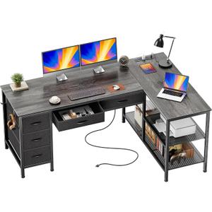 PRAISUN 55 Inch L Shaped Desk with Power Outlets, 5 Fabric Drawers