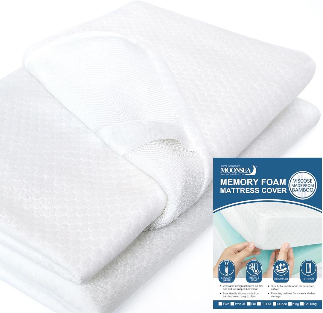 Mattress Topper Cover Full Size 1-2 Inch Memory Foam With Zipper, Viscose Made From Bamboo and 3D Mesh Backing, Removable With Straps
