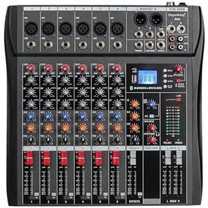 Depusheng DX6 Professional Mixer Sound Board Console 6 Channel Desk System Interface Digital USB MP3 Input 48V Phantom Power Stereo DJ Studio FX Steel Chassis,Black Bluetooth USB Audio Mixer for PC