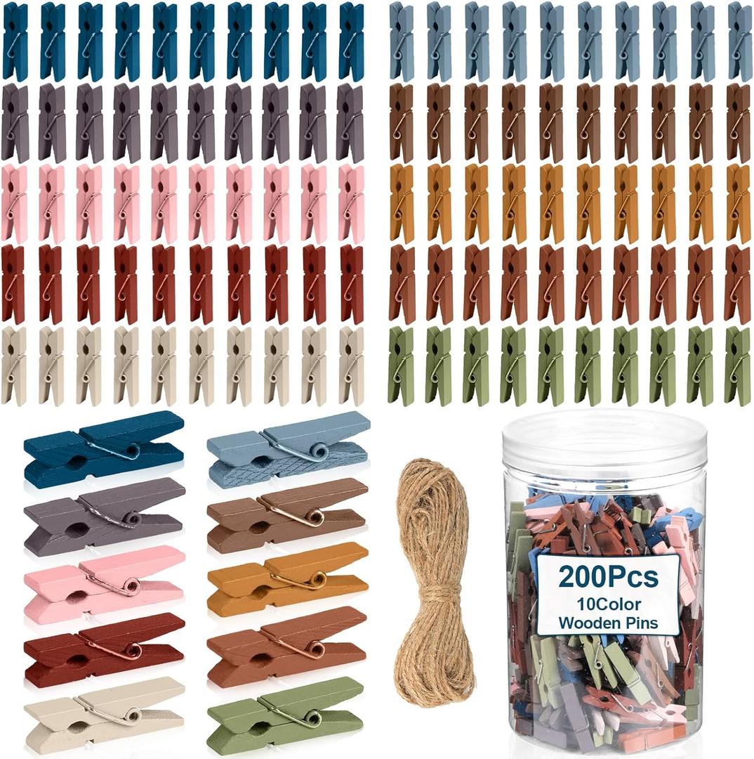 200Pcs Mini Clothes Pins Wooden Colored Small Clothespins Photo Pegs Craft Pictures Clips with Jute Twine Tiny Wood Decorative Clips for Photo Wall Home School Party Arts Projects DIY Decor (Boho)