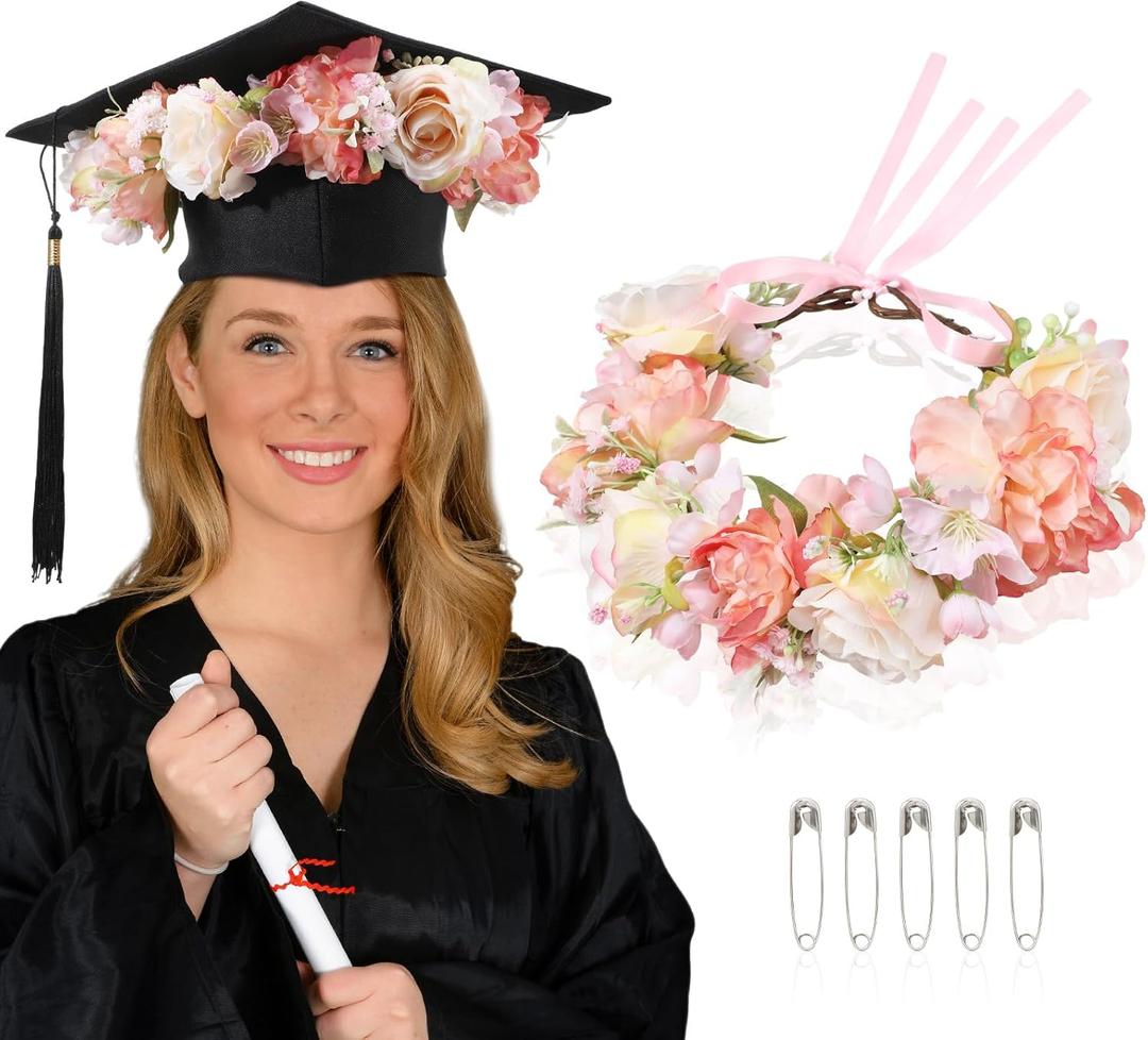 Zeyune Pink Flower Crown Graduation Hat Decoration Adjustable Flower Headbands with Ribbon Artificial Ladies Garland Floral Headpiece for Women Graduation Birthday Wedding Party Photography Props