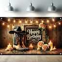 Western Cowboy Happy Birthday Backdrop Banner Rustic Wooden Boots Hat Roses Candles String Lights Photography Background Birthday Party Decorations Photo Booth Studio Props 71 x 43 Inch