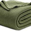 Bedsure 100% Cotton Blanket Queen Size for Bed - Breathable and Soft, Waffle Weave Blanket for Summer Spring, Olive Green, 90x90 Inches
