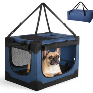 Soft Small Dog Crate - 24 inch Portable Travel Puppy Crate for Small Pets or 2 Cats, Collapsible Pet Carrier with 4 Mesh Doors, Car Kennel for Dogs with Handle for Indoor and Outdoor, Bule (Blue)