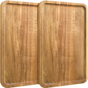 2 PCS 11.8  7.8 Solid Acacia Wood Serving Trays Rectangular Wooden Serving Platters Wood Tray Large Wooden Boards Kitchen Display Tray for Food, Charcuterie, Coffee Table Decor