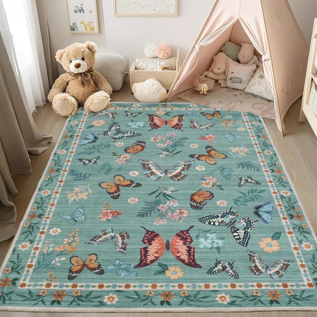 Butterfly Rug 5x7 Machine Washable Area Rug Non-Slip Low Pile Insect Floral Stain Resistant Throw Carpet for Nursery Kids Playroom Green