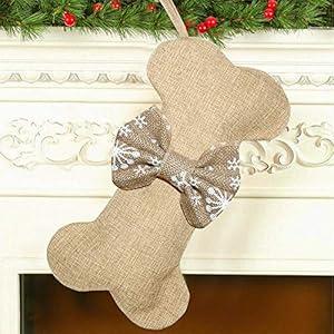 Malier New Linen Large Christmas Stocking for Dogs Cats Pets Jute Natural Burlap Dog Bone Shape Hanging Dog Christmas Stocking (Khaki Snowflake)