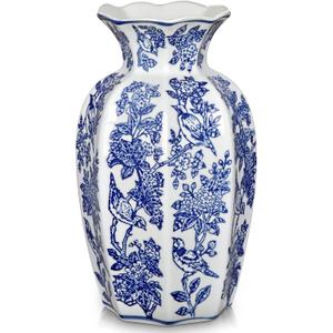 Blue and White Vase 9.6 Inch Vintage Blue Ceramic Vase for Home Decor | Decorative Porcelain Floral Bird Chinoiserie Ceramic Vases for Centerpiece Living Room Kitchen Shelf