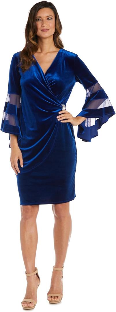R&M Richards Knee Length Wrap Velvet Dress W/Sheer Trim Angel Sleeve (16)
