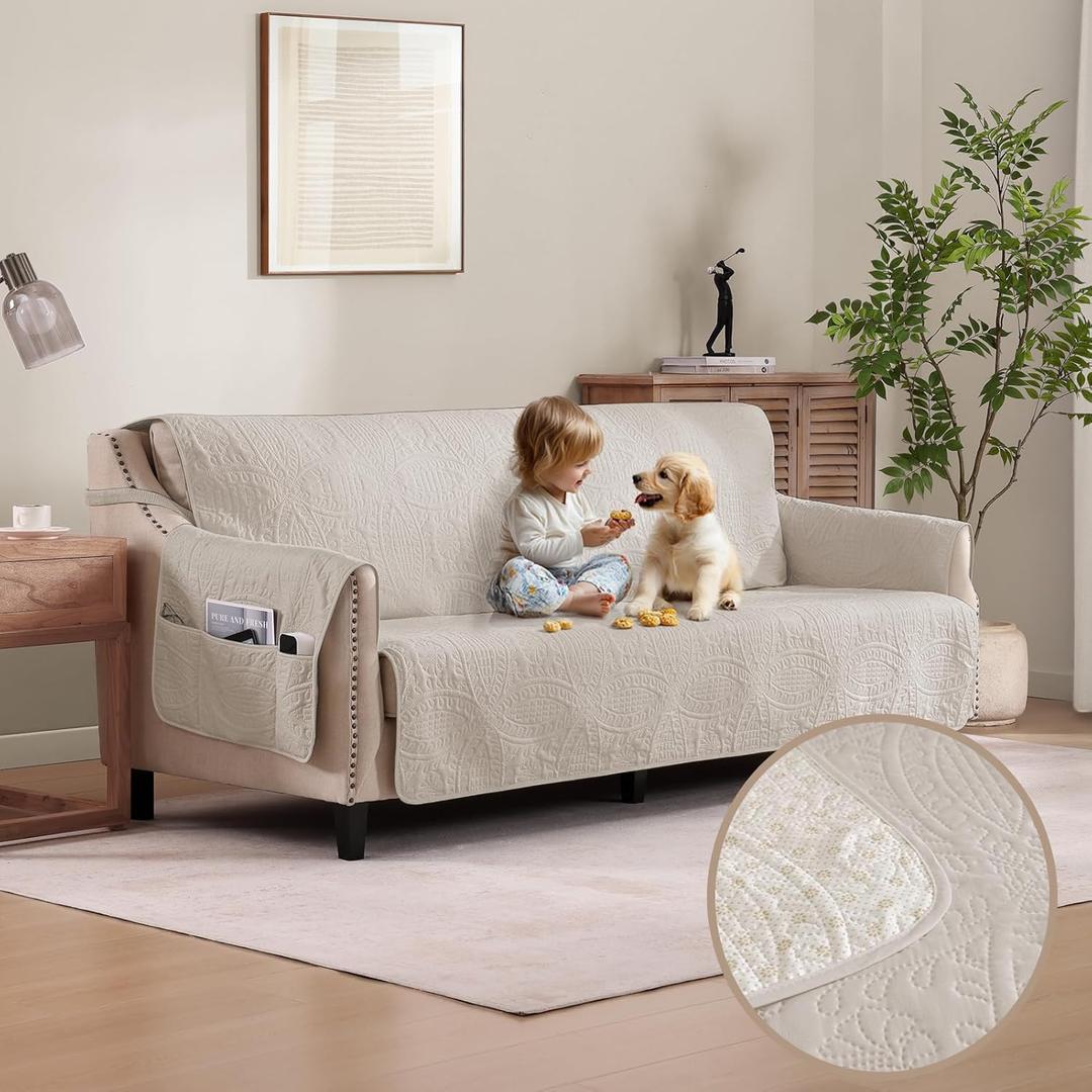 Quilted Beige Sofa Slipcovers with Pockets, Anti-Slip Medallion Couch Covers for 3 Cushion Sofa, Couch Cover for Dogs Cats Water-Repellent Machine Washable (Large Sofa 68", Beige Cream)
