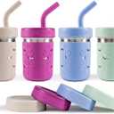 Pandaloo Smoothie Cups for Kids - Stainless Steel Toddler Tumbler with Straw, Sippy Cup for Smoothies - BPA-Free, Toddler Snack Cups, 10 oz (Pack of 4, Creamy Mushroom/Purple/Blue/Sage)