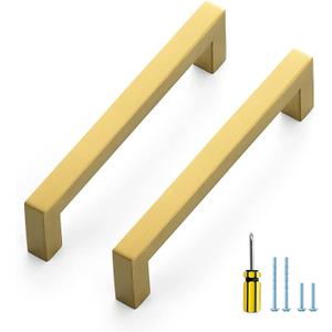Ravinte 10 Pack Squre Cabinet Pulls 5 Inch Brushed Brass Kitchen Cabinet Handles Gold Kitchen Hardware for Cabinet Gold Drawer Pulls Square Cabinet Pulls Drawer Handles Come with Screwdriver