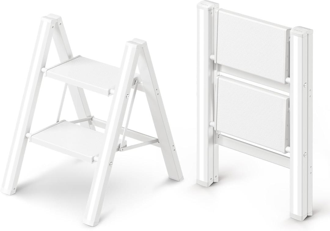 GameGem 2 Step Ladder, Folding Step Stool with Wider Pedal, Anti-Slip Feet & Non Slip Stripes, Aluminum Sturdy Material, 300Lbs Capacity, Elegant Look of Modern White Better Matches Your Home