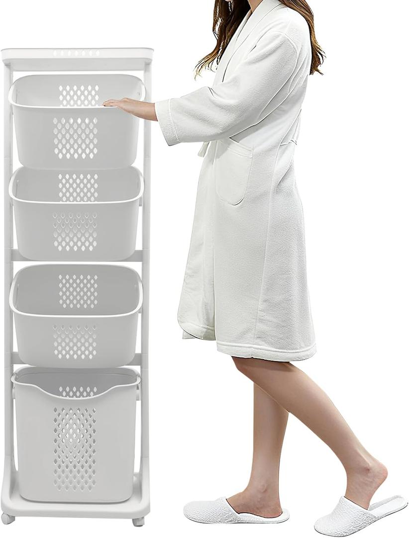 4-Tier Laundry Hamper Sorter, Vertical Rolling Laundry Baskets with Wheels Removable, Stackable Laundry Cart Organizer and Storage for Small Space, Dorm, Closet, Bathroom