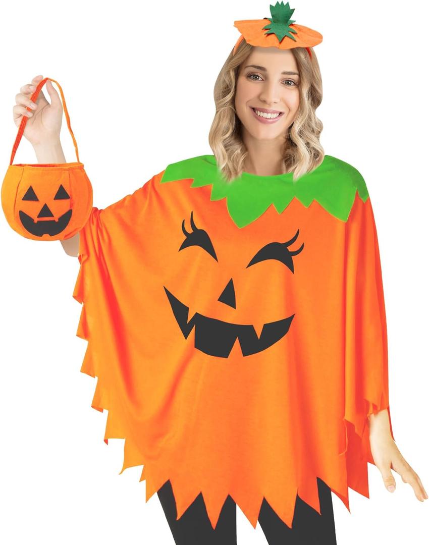 HEYFIZZ 3 PCS Pumpkin Costume for Women,Halloween Pumpkin Poncho for Adults,Halloween Costume for Women with Accessories