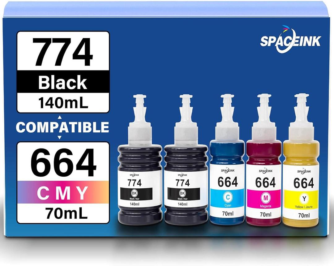 Spaceink 774 664 Ink Refill Bottles for ET-2650 ET-2550 ET-16500 ET-4500 ET-4550 ET-2500 ET-2600 ET-3600 ET-14000 Printers (2 Black Cyan Magenta Yellow 5 Pack)