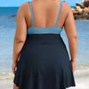 Charmo Plus Size Bathing Suit Women Cute Tie Swim Dress High Waisted Swimsuits Tummy Control Swimwear Blue Splicing 3X