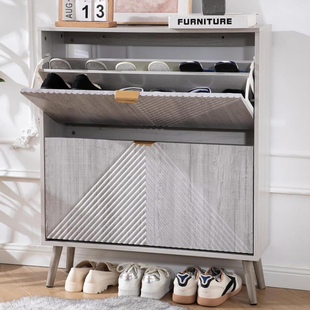oakvivo Shoe Cabinet with 2 Flip Drawers, Freestanding Shoe Organizer with 4 Wooden feet, Modern Shoes Storage Cabinet for Entryway, Hidden Narrow Shoe Rack Cabinet for Foyer, Hallway, Mudroom, Grey
