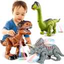 3 x 3 Pack Walking Dinosaur Toys for Kids 3-5 5-7 Years Old, Simulated Tyrannosaurus Brachiosaurus Triceratops with Sound & Light, Birthday Gifts Dino Toy for Toddlers Boys Girls 3 4 5 6 7 8 Years