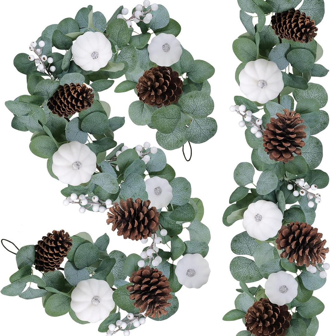 Winlyn 2 Pack White Pumpkin Garland with Eucalyptus Pinecones Berries Fall Foliage for Wedding Arch Thanksgiving Table Farmhouse Decor