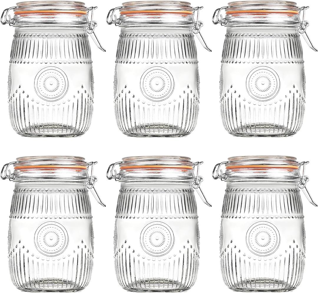 Amzcku Wide Mouth Vintage Mason Jars with Airtight Lid 32oz, Canister Quart Jars for Kitchen Storage - for Coffee, Sugar, Beans 6 Pack