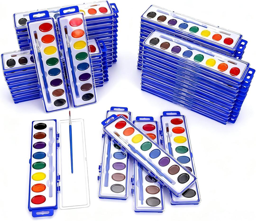 Watercolor Paint Sets, 8 Washable Colors With Brushes, 50 Pack Water Color Paint Bulk For Classroom, Party Favors and Art Activities