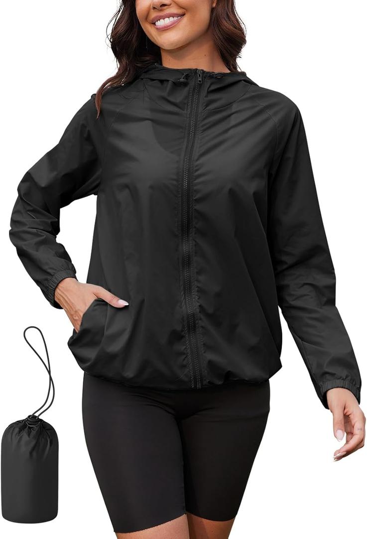 PITINAN Rain Jacket Women Lightweight Waterproof Windbreaker Jacket Hooded Packable Rain Coats for Women with Pockets S-XXL (Medium, Black)
