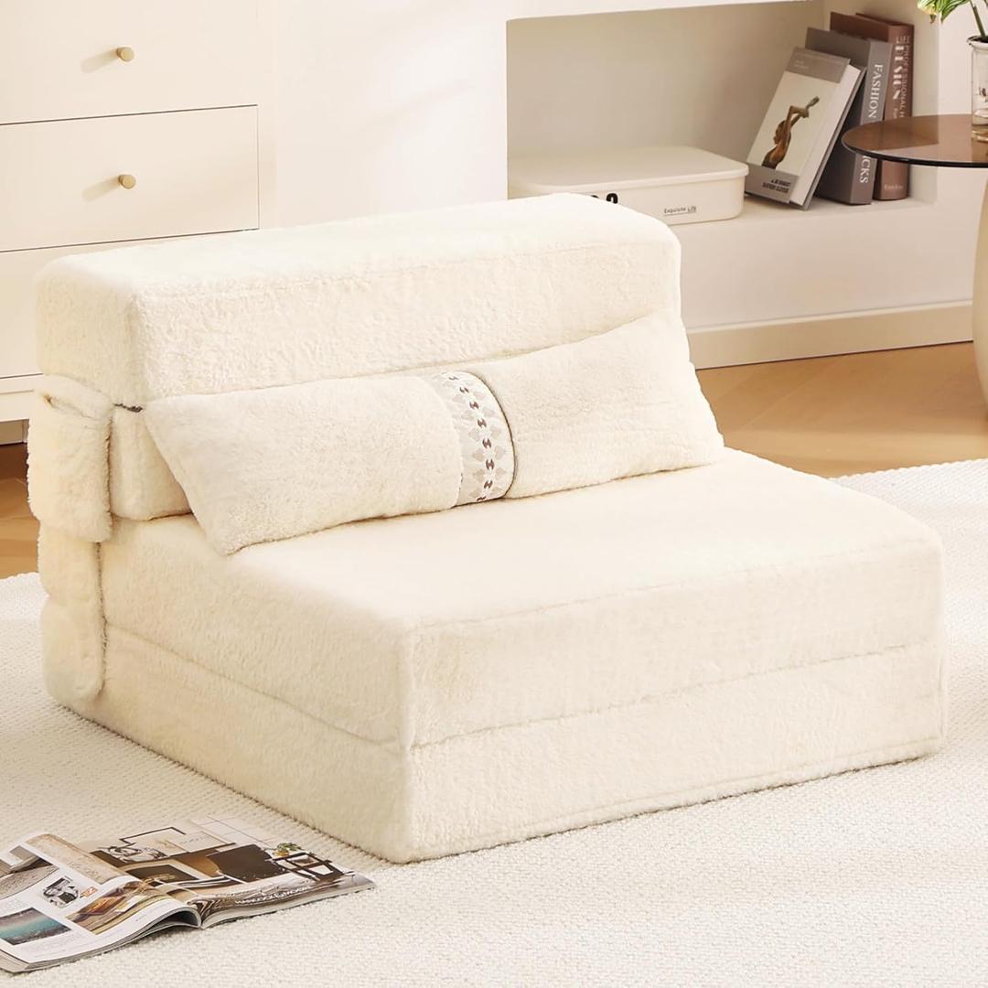 Tiita Folding Sofa Bed Couch, Single Size Foldable Futon Chair with Pillow, Folding Sleeper Sofa Chair Bed Floor Mattress for Guest Room, Living Room, Beige