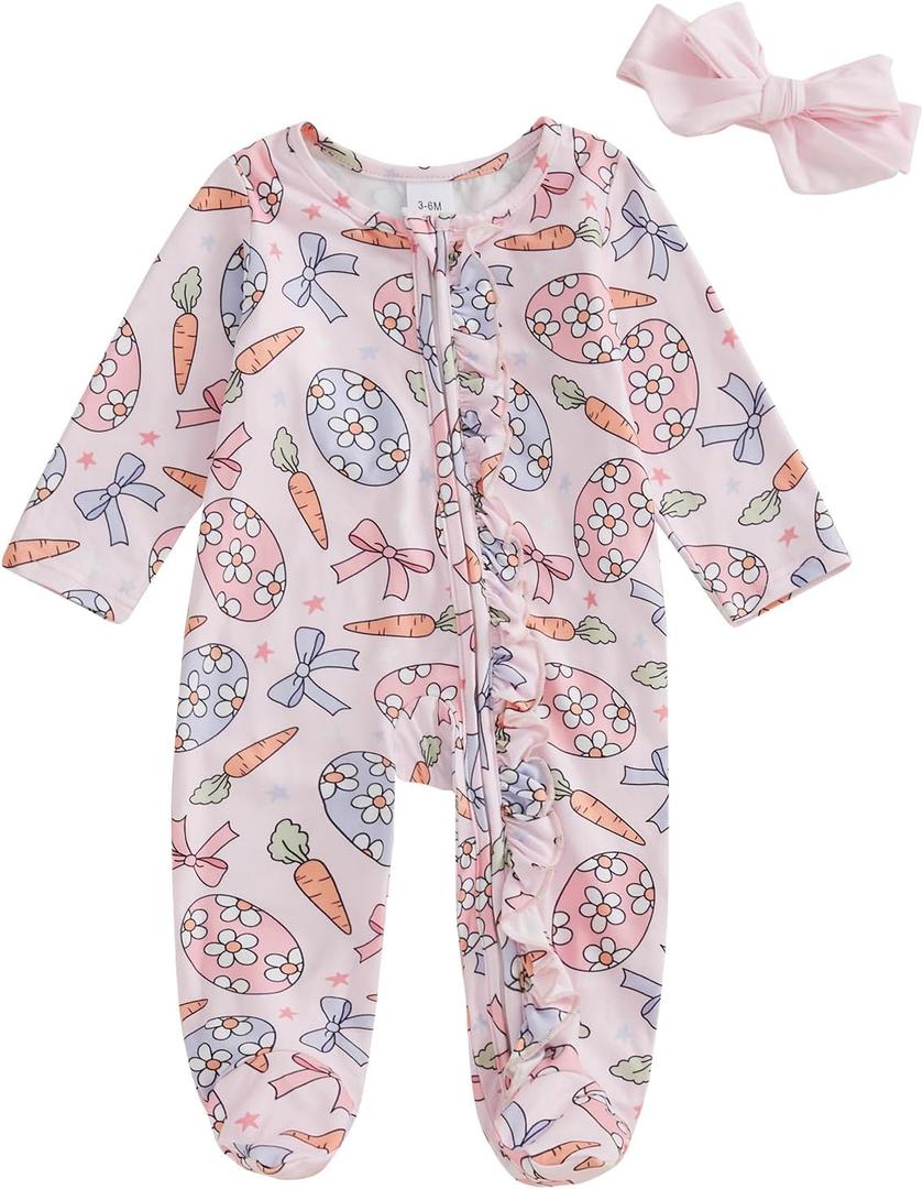 My First Easter Baby Girl Newborn Carrot Eggs Footie Romper Infant One Piece Jumpsuit Coming Home Outfits Clothes (A Carrot Eggs Pink, Newborn)